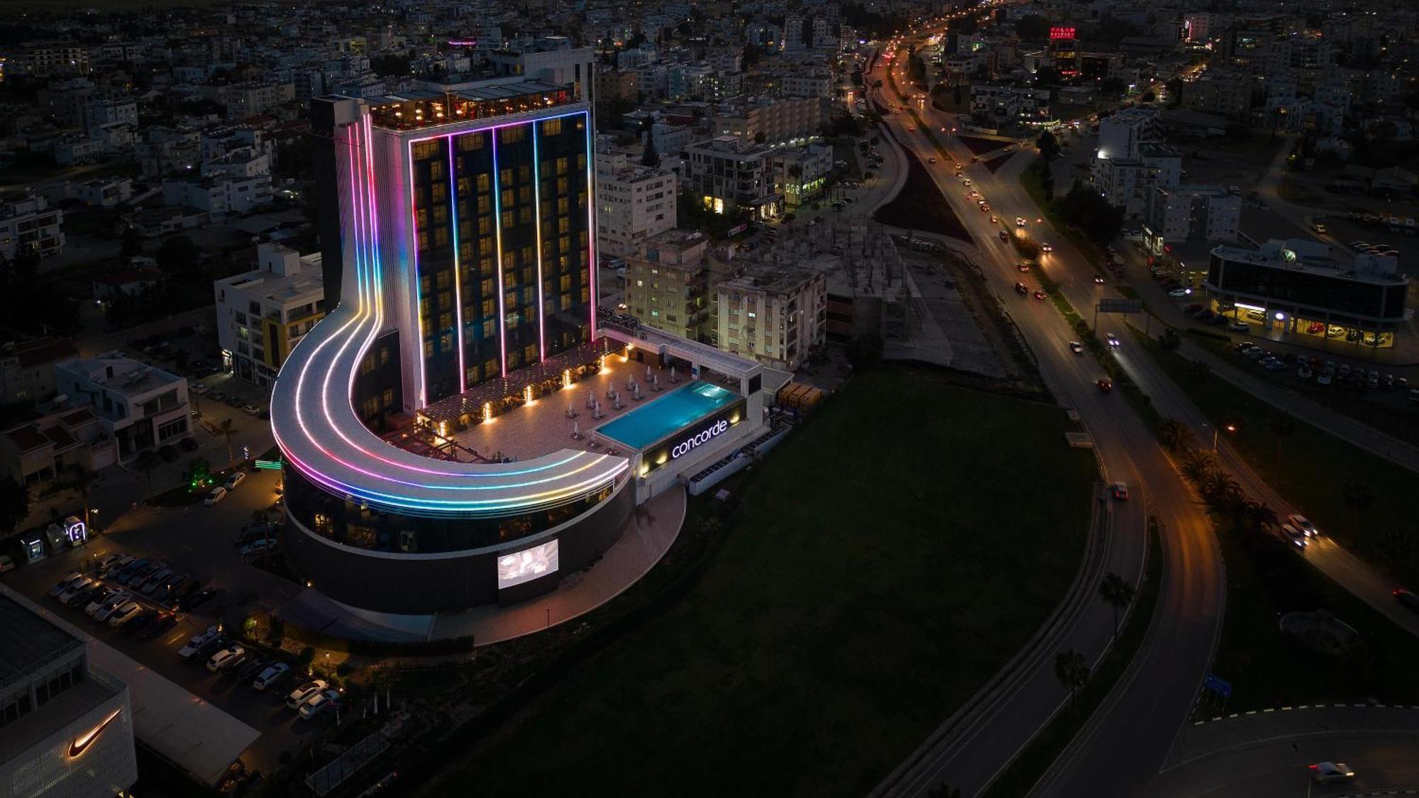 Concorde Tower Hotel & Casino Nikosia Bagian luar foto The hotel at night